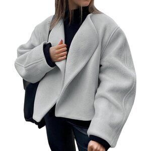 Women's Light GreyTankaneo Cropped Pea Coat Lapel Open Front Winter Jacket